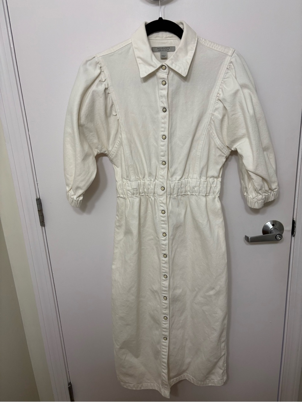 AllSaints Cream Button-Front Midi Dress with Elastic Waist